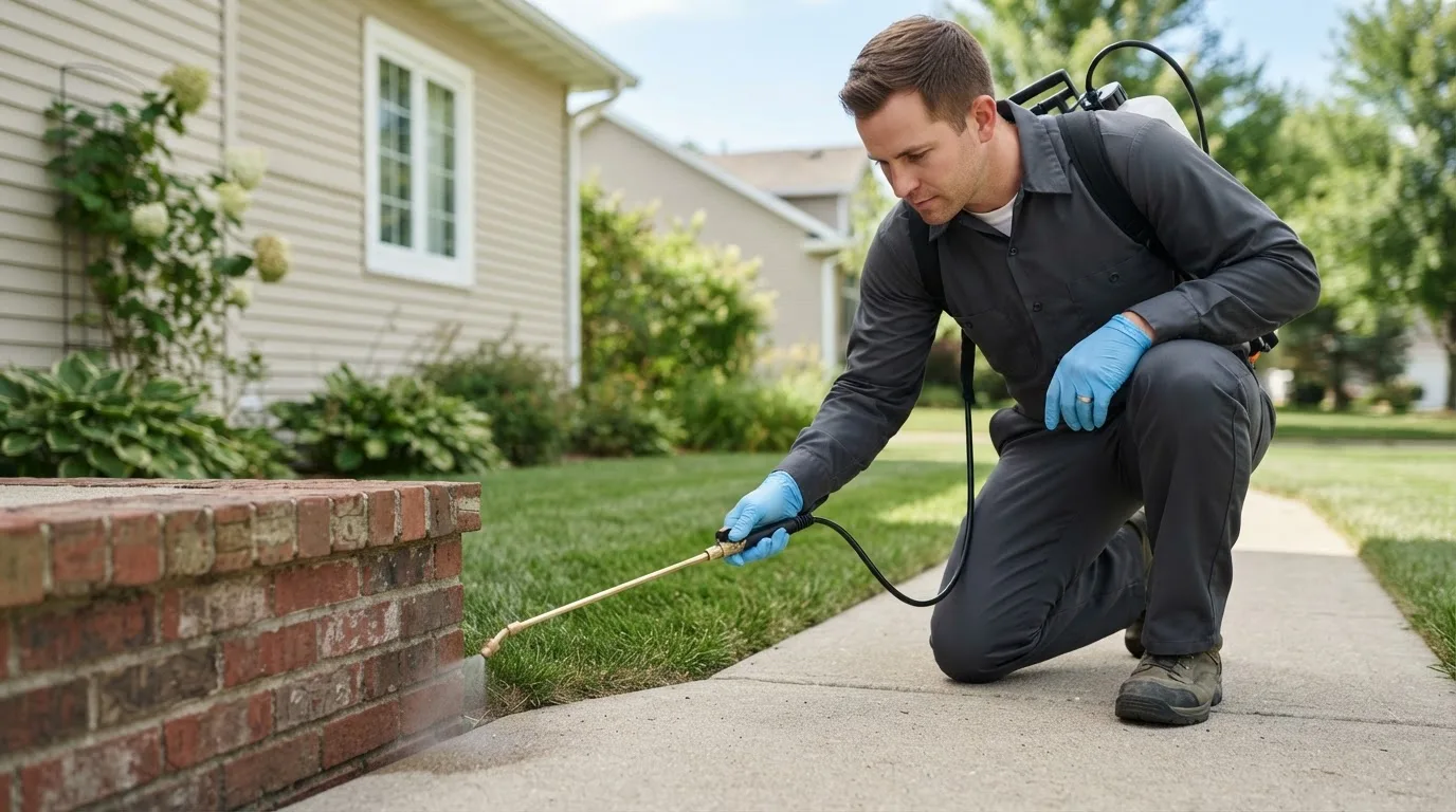 Pest control technician treating a home near North Anson, ME