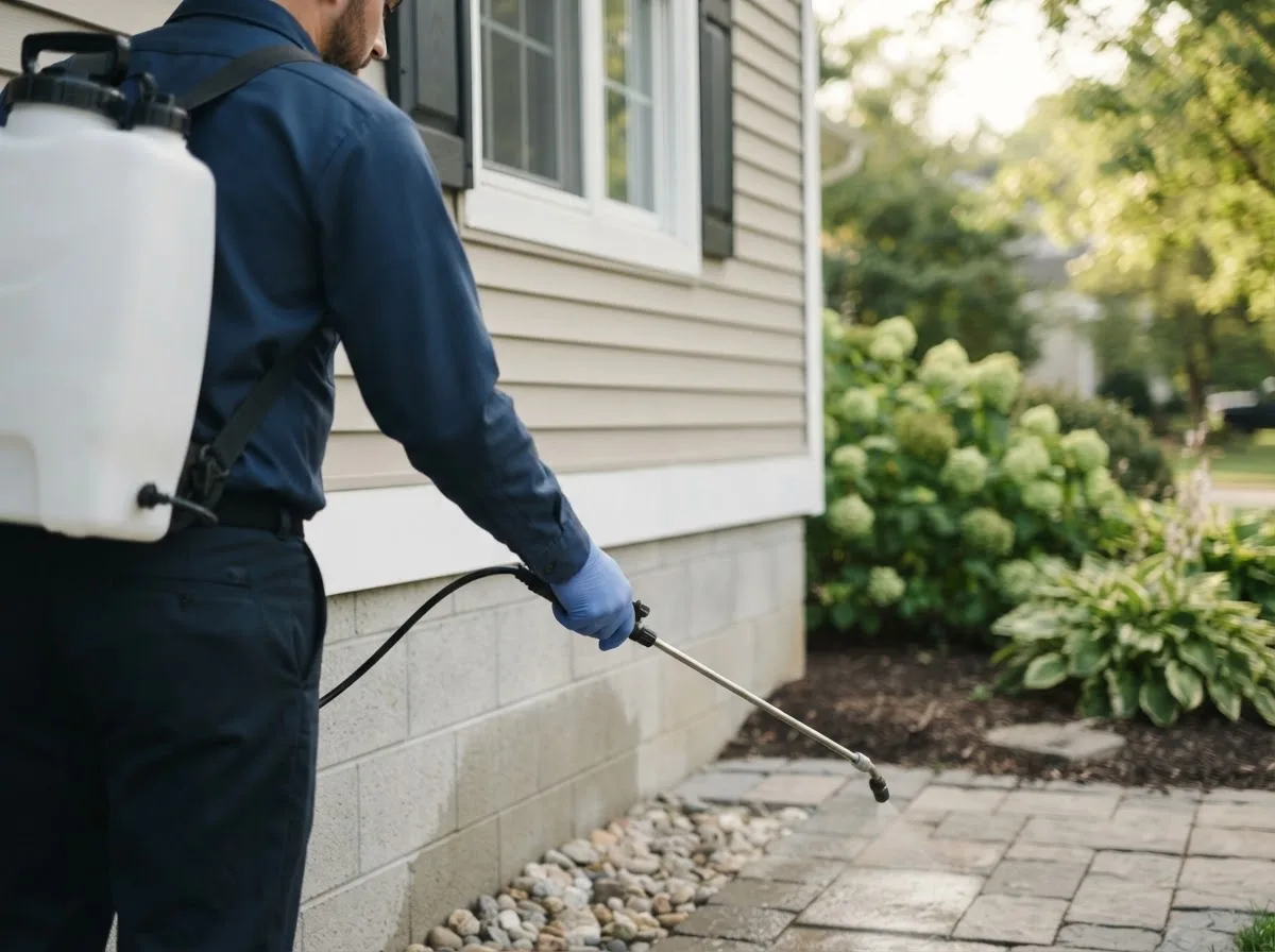Pest control technician inspecting a home in North Anson, ME